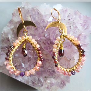 "Power Stones" Peach Moonstone, Garnet, Rose Quartz & Amethyst Hoop Earrings- Artisan Made