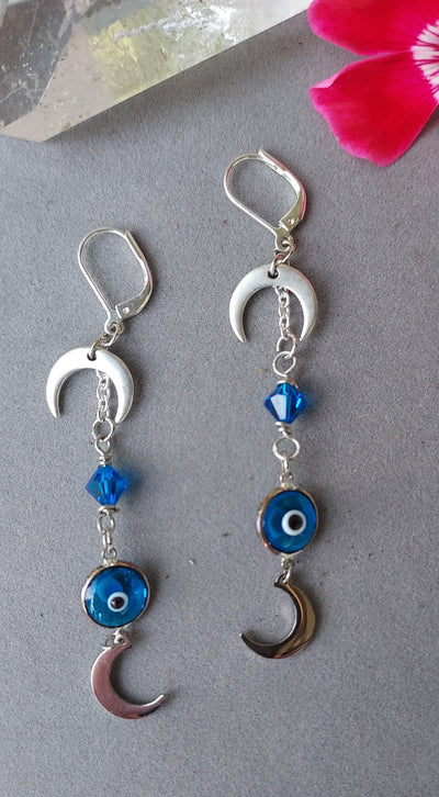 "Power and Protection" Evil Eye & Sapphire Swarovski Crystal Earrings - Artisan Made