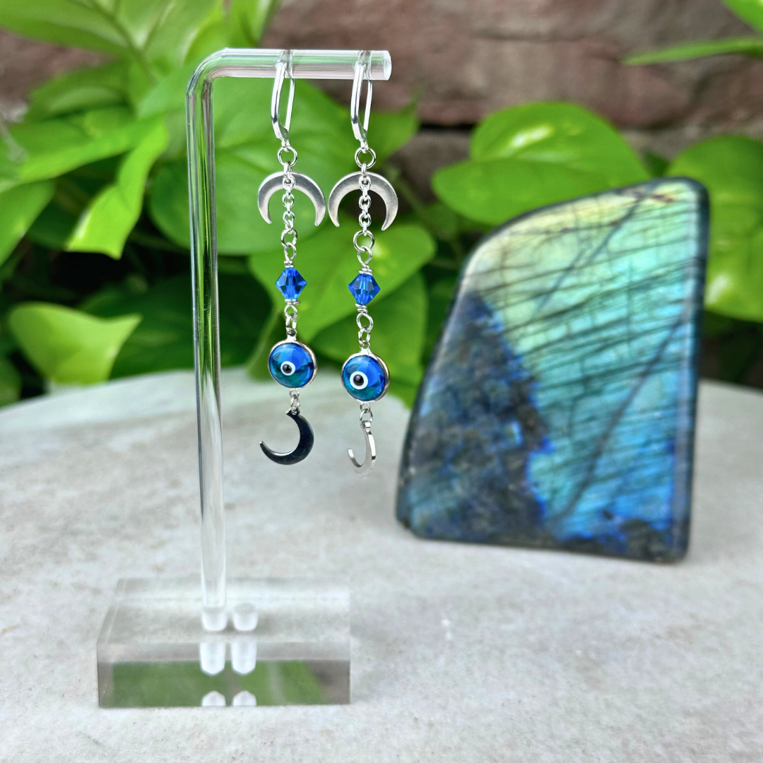 "Power and Protection" Evil Eye & Sapphire Swarovski Crystal Earrings - Artisan Made