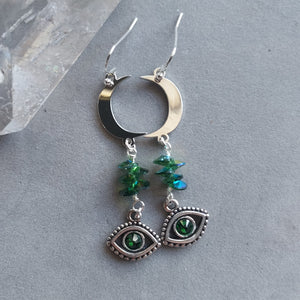 "Protection & Intuition" Emerald, Third Eye & Crescent Moon Earrings- Artisan Made