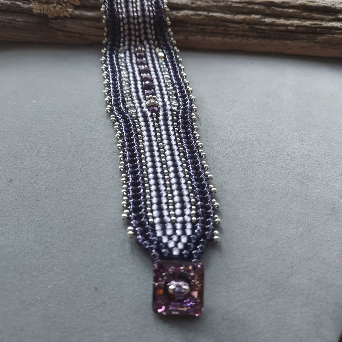 "Purple Haze" Beaded Herringbone Cuff Bracelet - Artisan Made