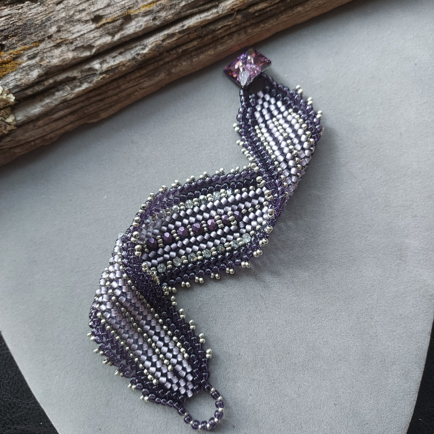 "Purple Haze" Beaded Herringbone Cuff Bracelet - Artisan Made