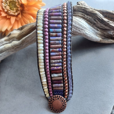 "Purple Haze" Jasper, Mother of Pearl & Leather Cuff Bracelet - Artisan Made