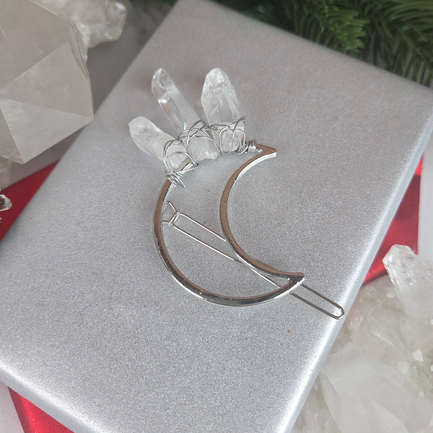 Quartz Crystal Point Crescent Moon Decorative Hair Pin