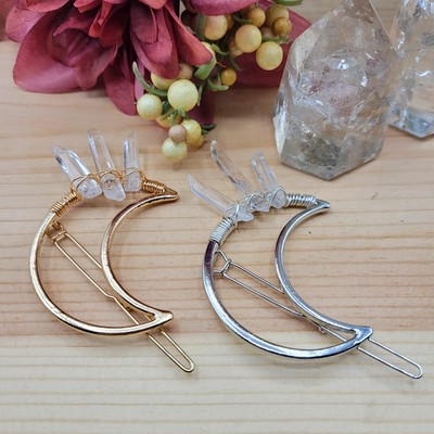 Quartz Crystal Point Crescent Moon Decorative Hair Pin