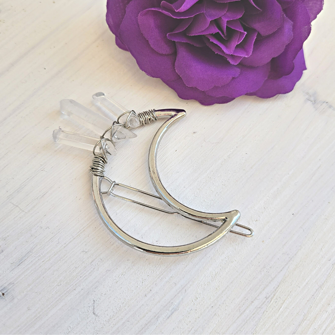 Quartz Crystal Point Crescent Moon Decorative Hair Pin