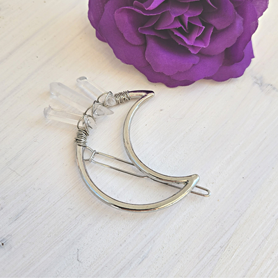 Quartz Crystal Point Crescent Moon Decorative Hair Pin