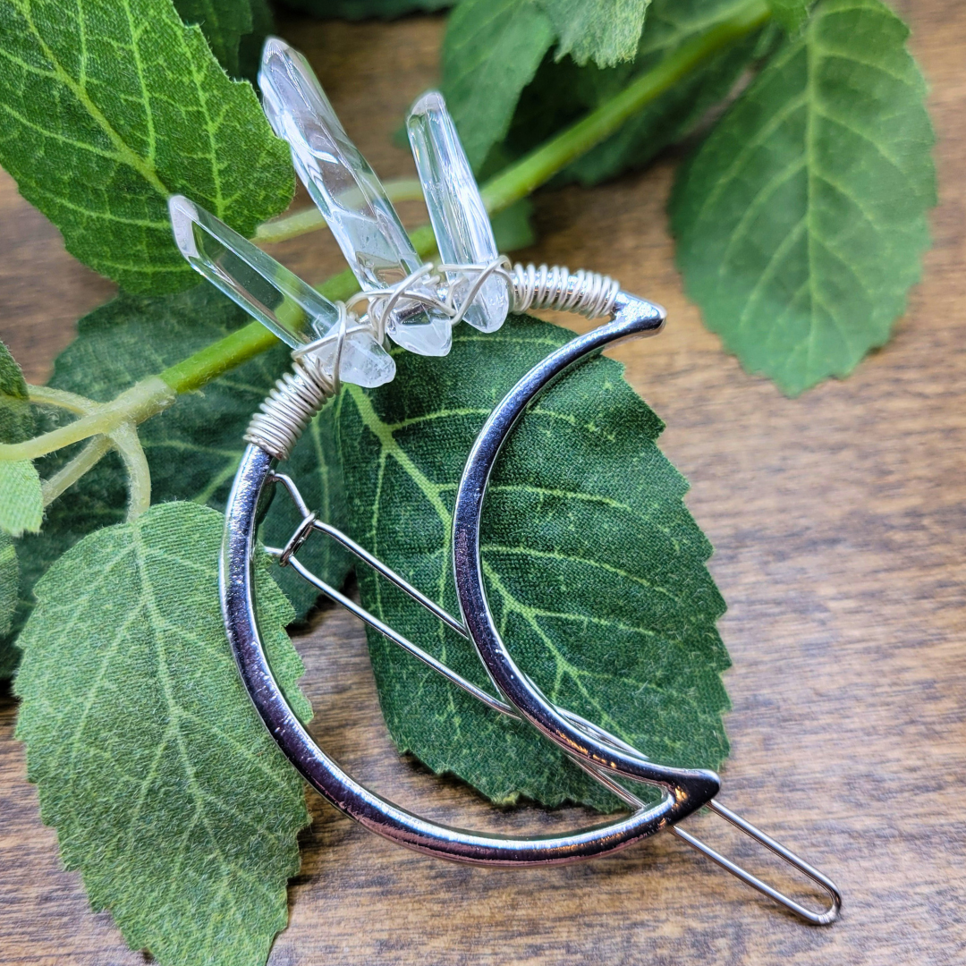 Quartz Crystal Point Crescent Moon Decorative Hair Pin