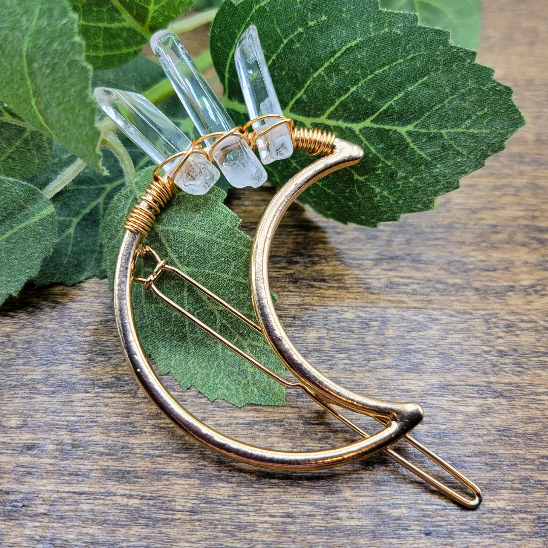 Quartz Crystal Point Crescent Moon Decorative Hair Pin