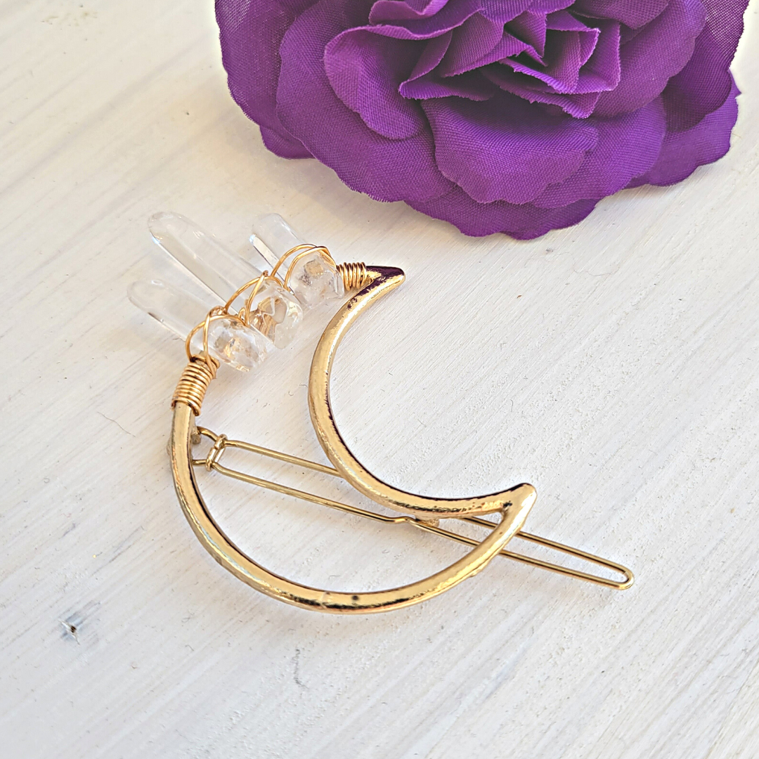 Quartz Crystal Point Crescent Moon Decorative Hair Pin