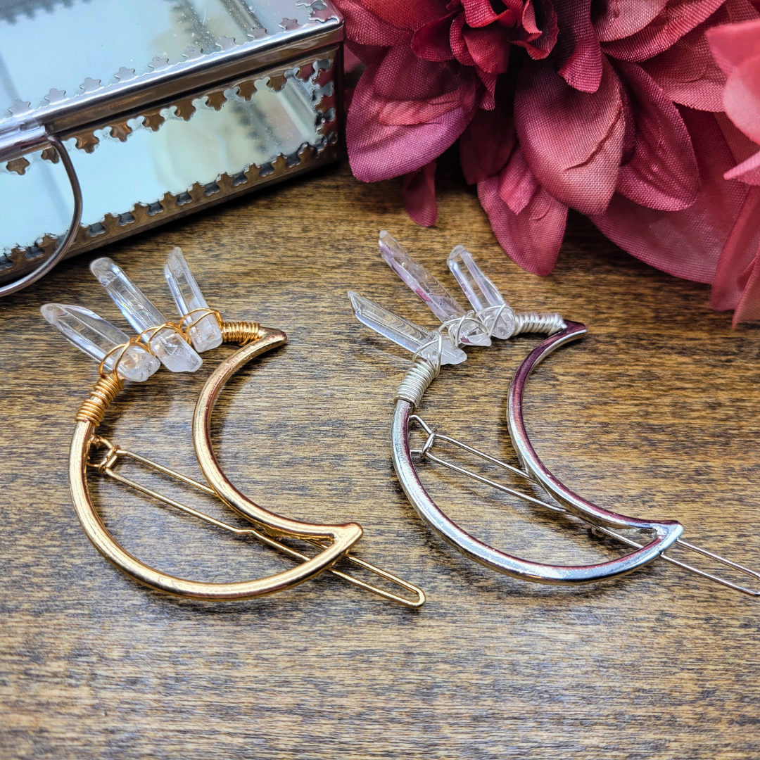 Quartz Crystal Point Crescent Moon Decorative Hair Pin