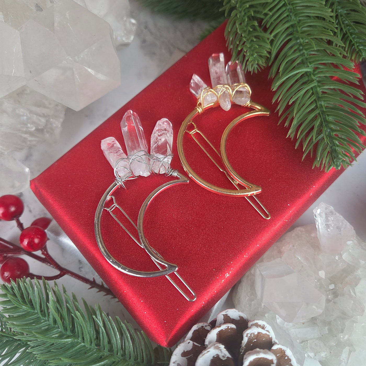 Quartz Crystal Point Crescent Moon Decorative Hair Pin