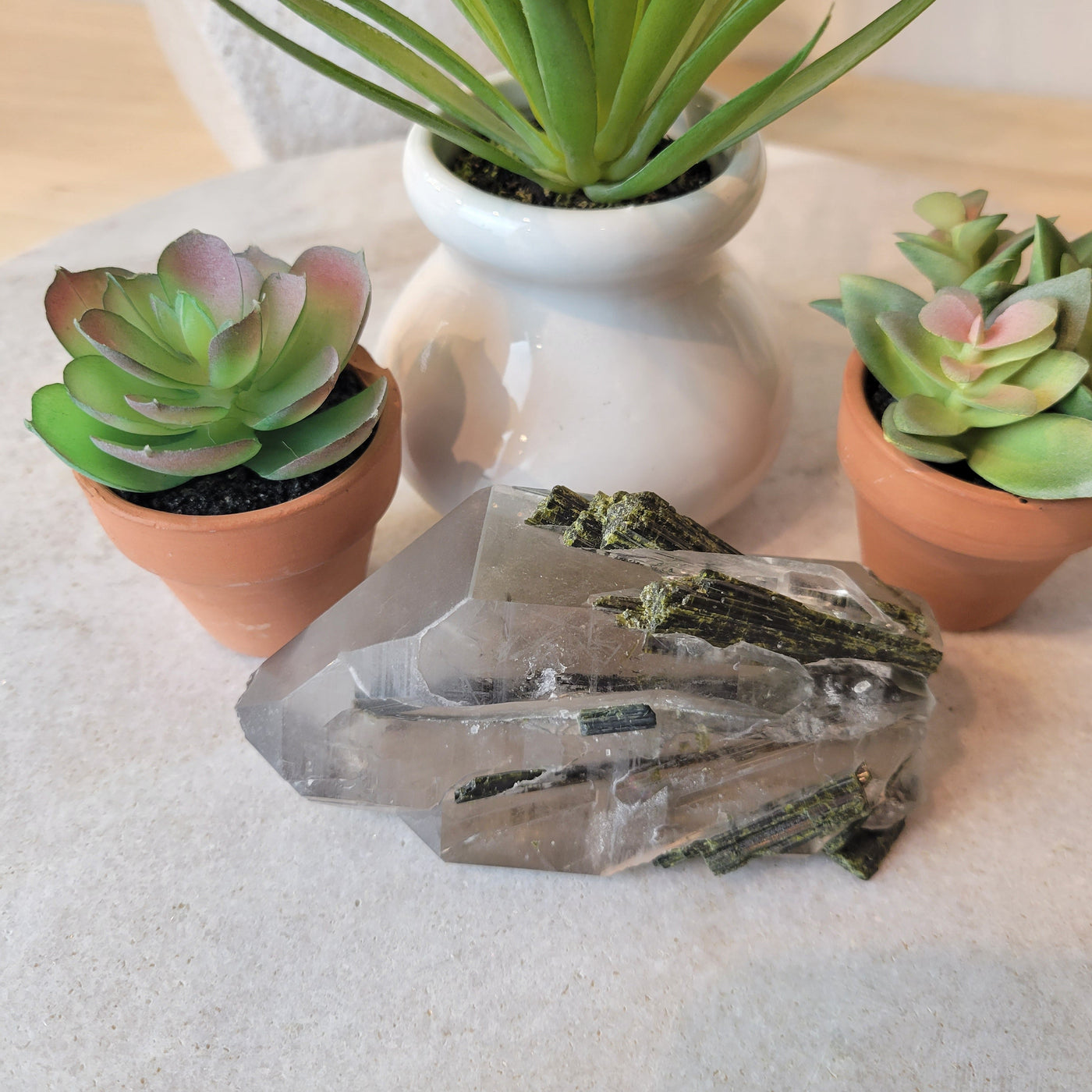 Quartz Point with Green Tourmaline 2" x 4"