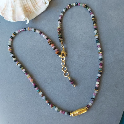"Rainbow Magic" Rainbow Tourmaline & Gold Tube Necklace - Artisan Made