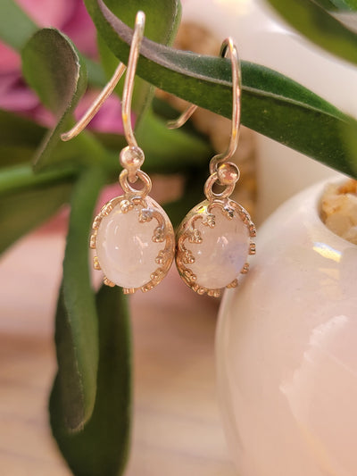 Rainbow Moonstone Earrings Polished Oval with Decorative Prong sterling silver Setting