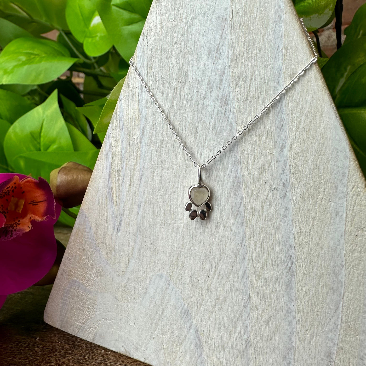 Rainbow Moonstone Paw Print Pendant Necklace with 16-18" Sterling Silver Adjustable Chain
