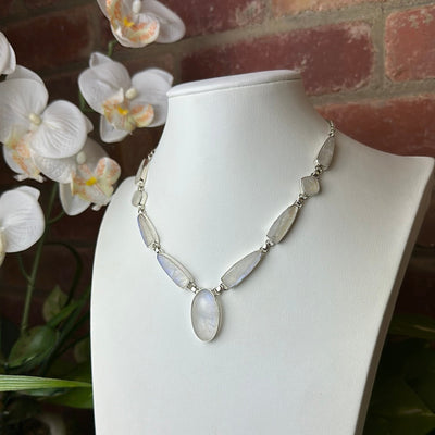 Rainbow Moonstone Polished 9 Stone Sterling Silver Statement 18"Necklace