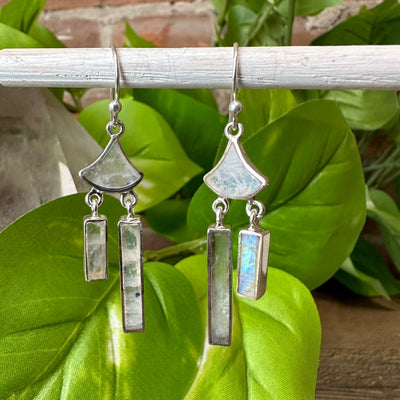 Rainbow Moonstone Rectangle and Curved Triangle sterling silver Earrings