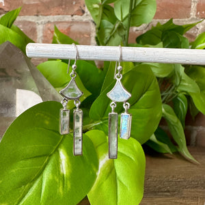 Rainbow Moonstone Rectangle and Curved Triangle Sterling Silver Earrings