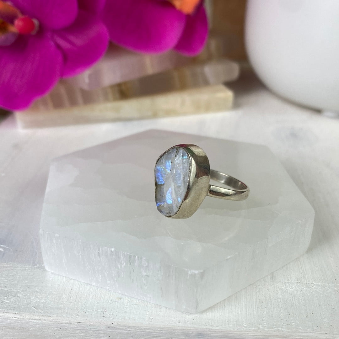 Rainbow Moonstone Rough sterling silver Ring (sized)