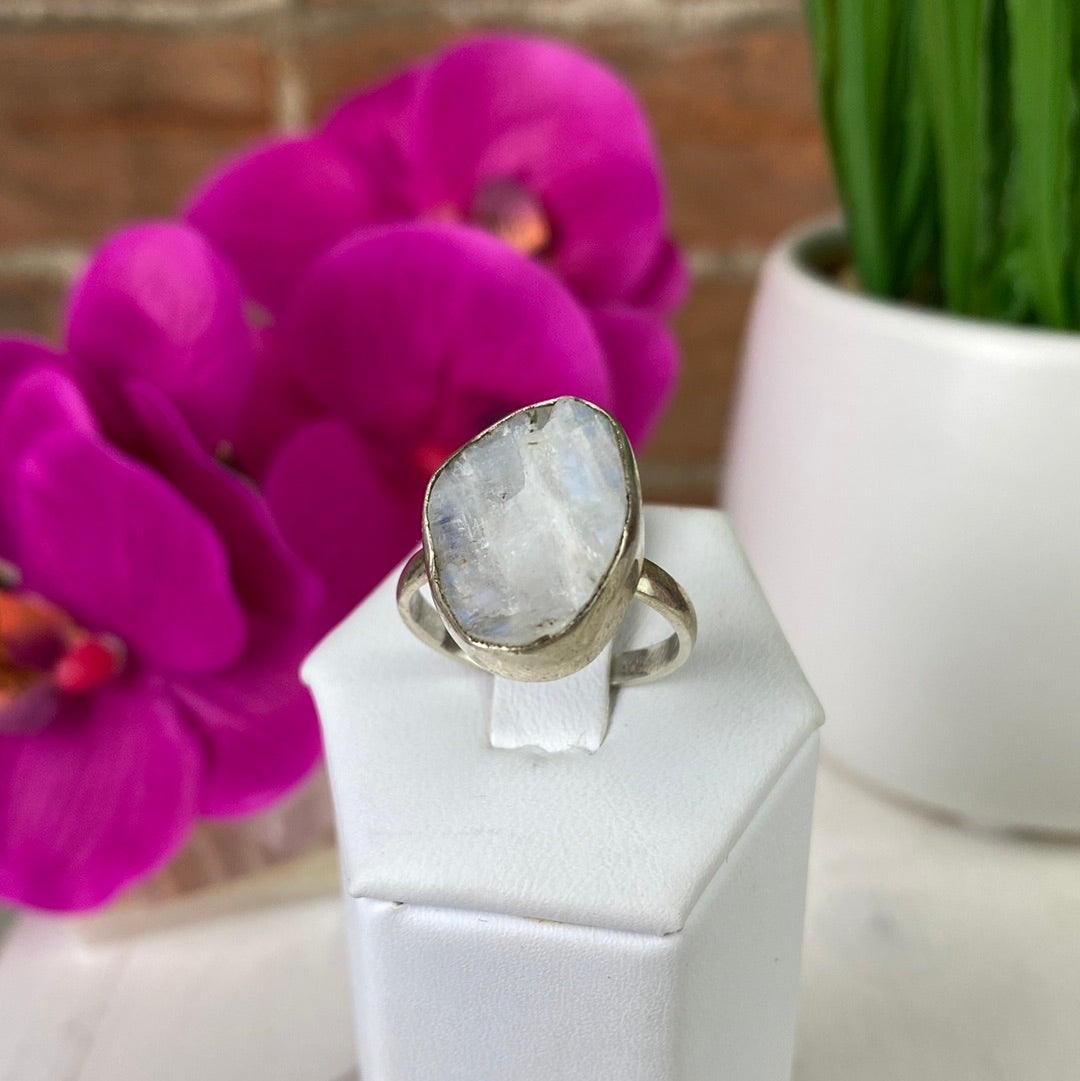 Rainbow Moonstone Rough sterling silver Ring (sized)