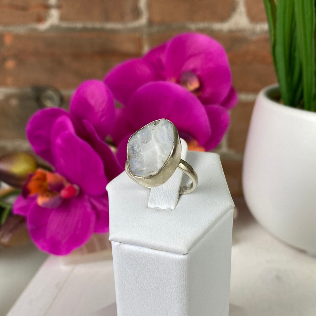 Rainbow Moonstone Rough sterling silver Ring (sized)