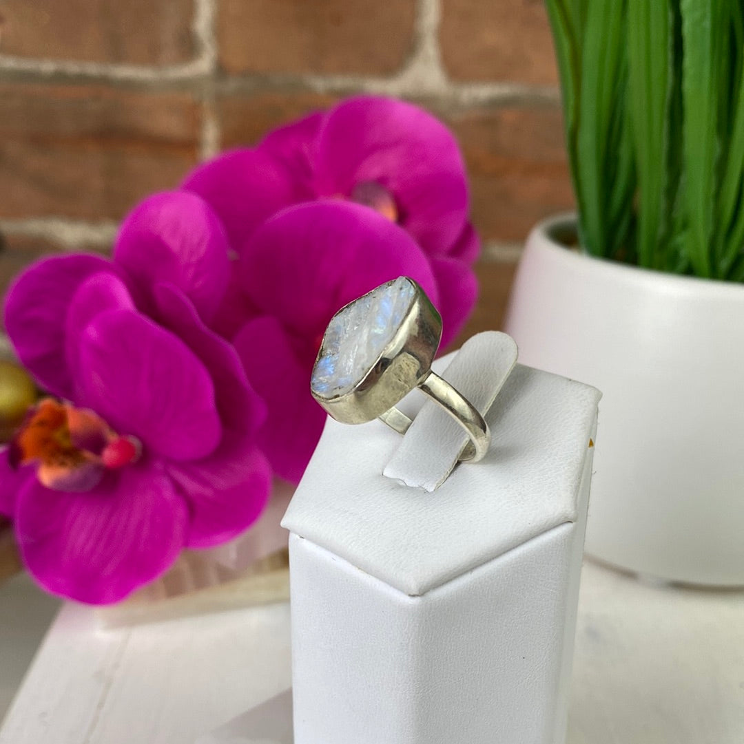 Rainbow Moonstone Rough sterling silver Ring (sized)