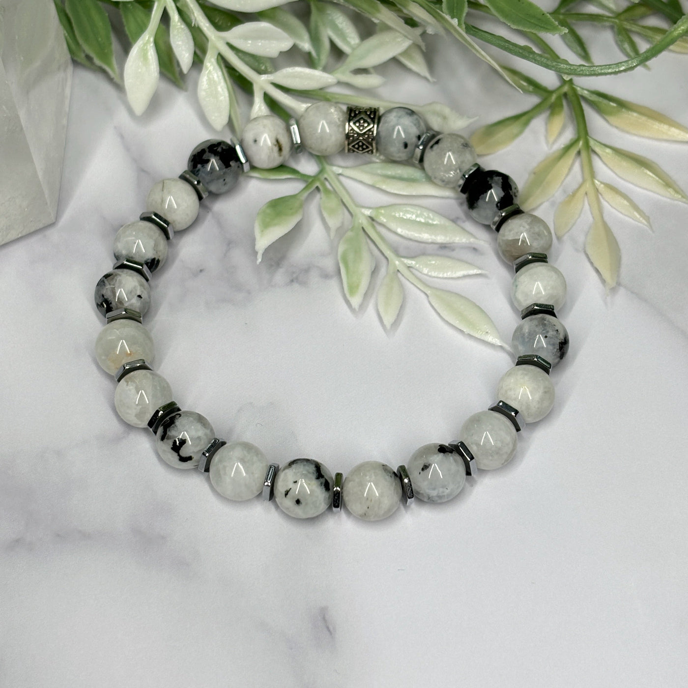 Rainbow Moonstone & Titanium Silver Hematite Stretch Bracelet - Artisan Made