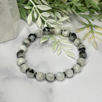 Rainbow Moonstone & Titanium Silver Hematite Stretch Bracelet - Artisan Made