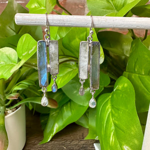 Rainbow Moonstone and Labradorite Rectangle and Teardrop Earrings