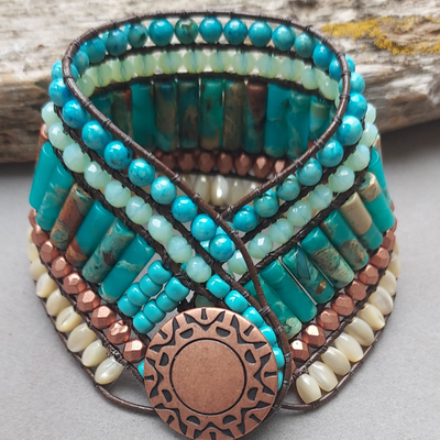 "Rare Earth" Turquoise Jasper & Mother of Pearl Cuff Bracelet - Artisan Made