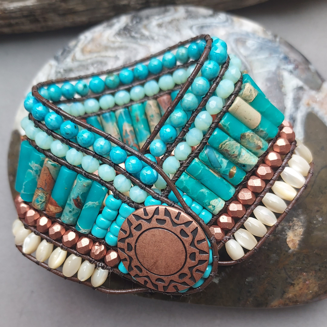 "Rare Earth" Turquoise Jasper & Mother of Pearl Cuff Bracelet - Artisan Made