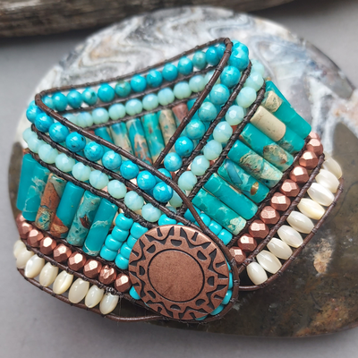 "Rare Earth" Turquoise Jasper & Mother of Pearl Cuff Bracelet - Artisan Made