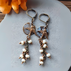 "Raven's Journey" Bird & Pearl Earrings - Artisan Made