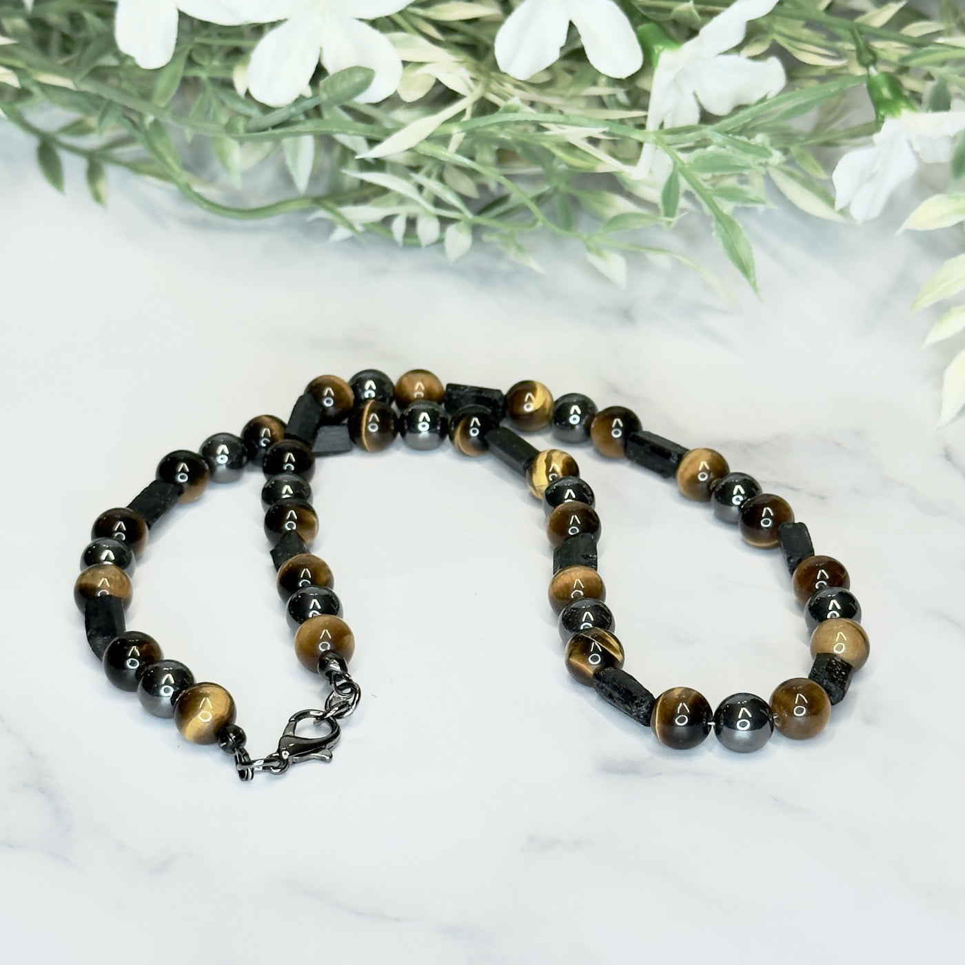 Raw Black Tourmaline, Tiger's Eye and Hematite Necklace - Artisan Made