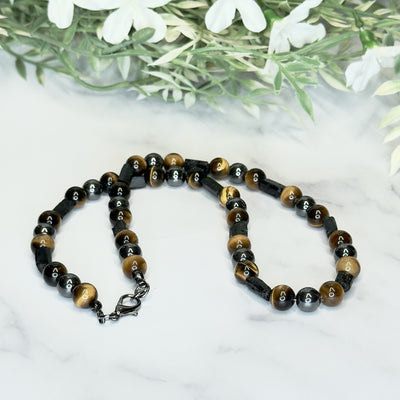 Raw Black Tourmaline, Tiger's Eye and Hematite Necklace - Artisan Made