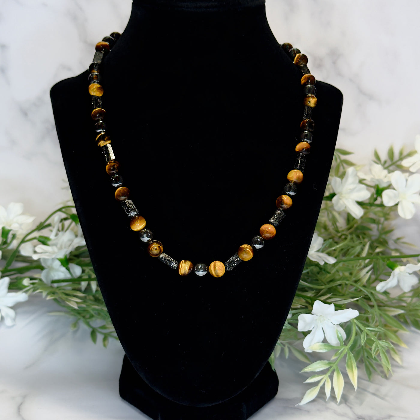 Raw Black Tourmaline, Tiger's Eye and Hematite Necklace - Artisan Made