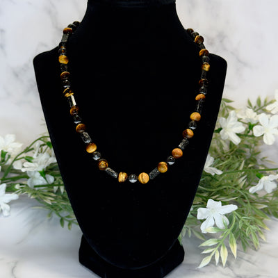 Raw Black Tourmaline, Tiger's Eye and Hematite Necklace - Artisan Made