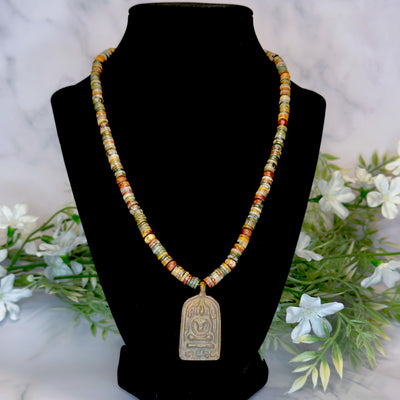 Red Creek Jasper Necklace with Thai Sitting Buddha Pendant - Artisan Made