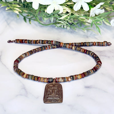 Red Creek Jasper Necklace with Thai Sitting Buddha Pendant - Artisan Made