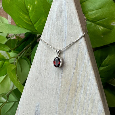 Red Garnet Faceted Bezel Set Necklace with 16-18" Sterling Silver Adjustable Chain