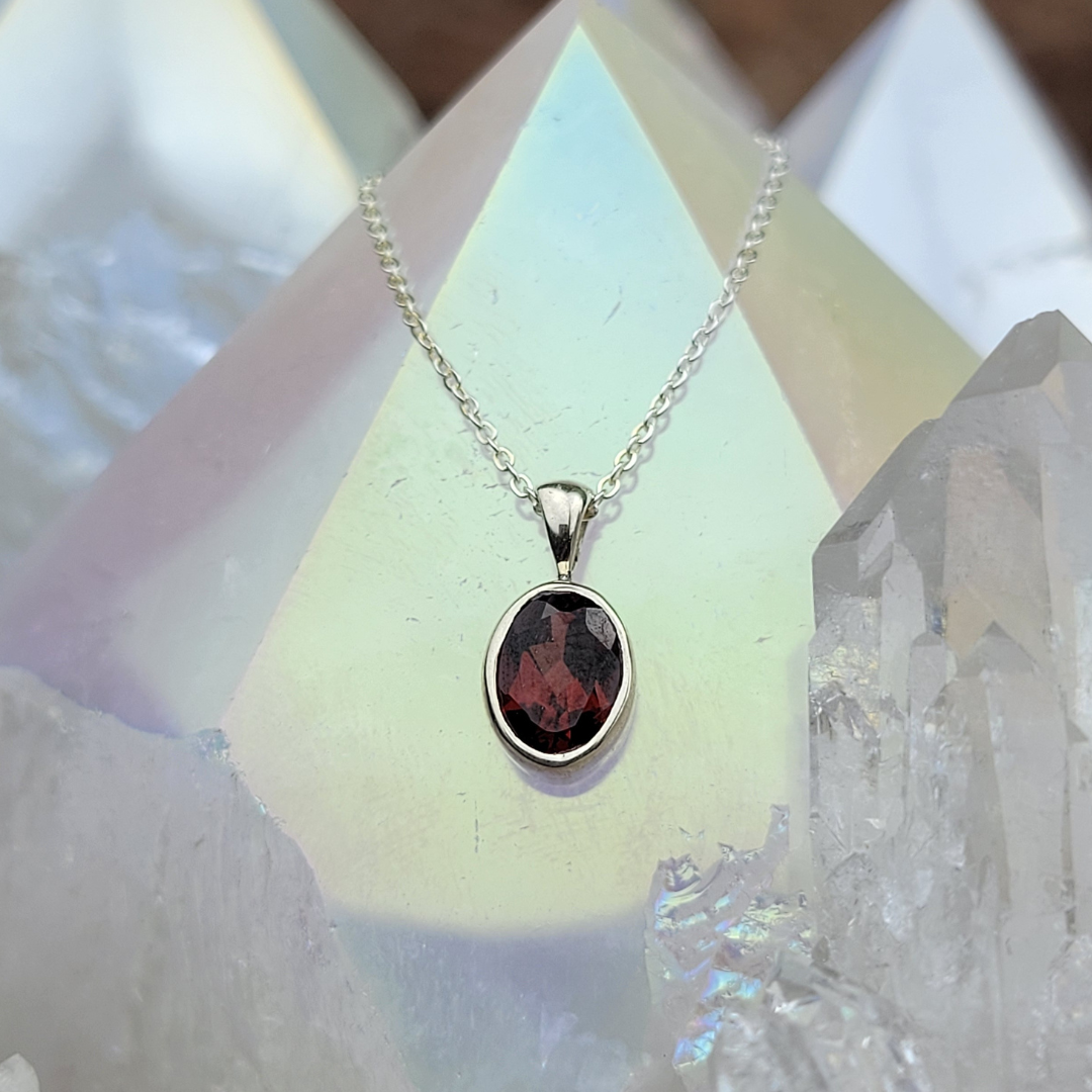 Red Garnet Faceted Bezel Set Necklace with 16-18" Sterling Silver Adjustable Chain