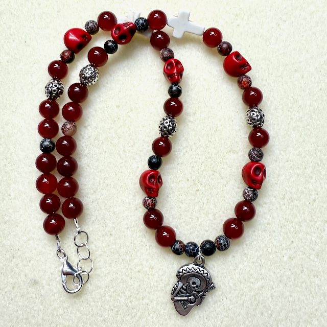 Red Jade, Skull and Cross Necklace - Artisan Made
