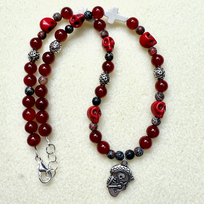 Red Jade, Skull and Cross Necklace - Artisan Made