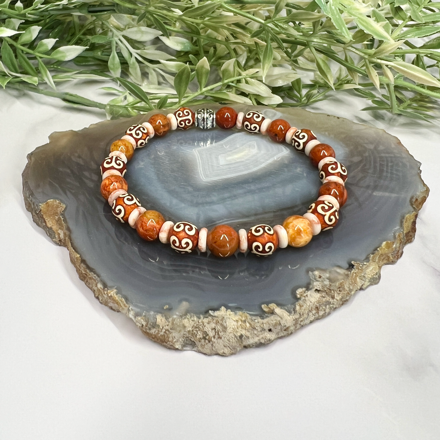 Red Tibetan Jade and Agate Stretch Bracelet-Artisan Made