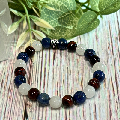 Red Tiger's Eye, White Jade & Blue Sodalite Stretch Bracelet - Artisan Made