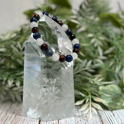 Red Tiger's Eye, White Jade & Blue Sodalite Stretch Bracelet - Artisan Made