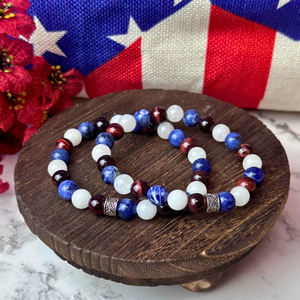 Red Tiger's Eye, White Jade & Blue Sodalite Stretch Bracelet - Artisan Made