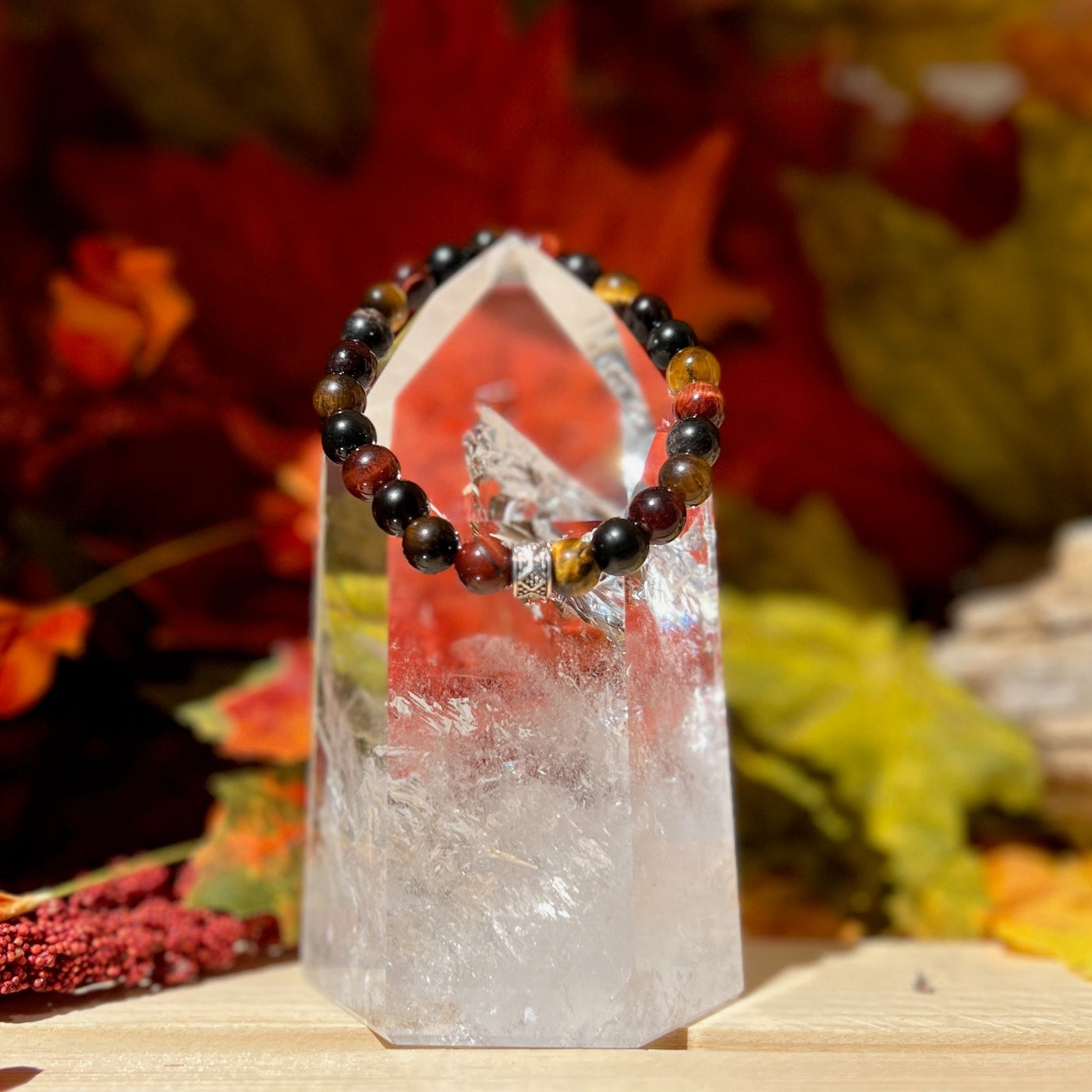 Red and Yellow Tiger's Eye with Silver Sheen Obsidian Unisex Bracelet - Artisan Made