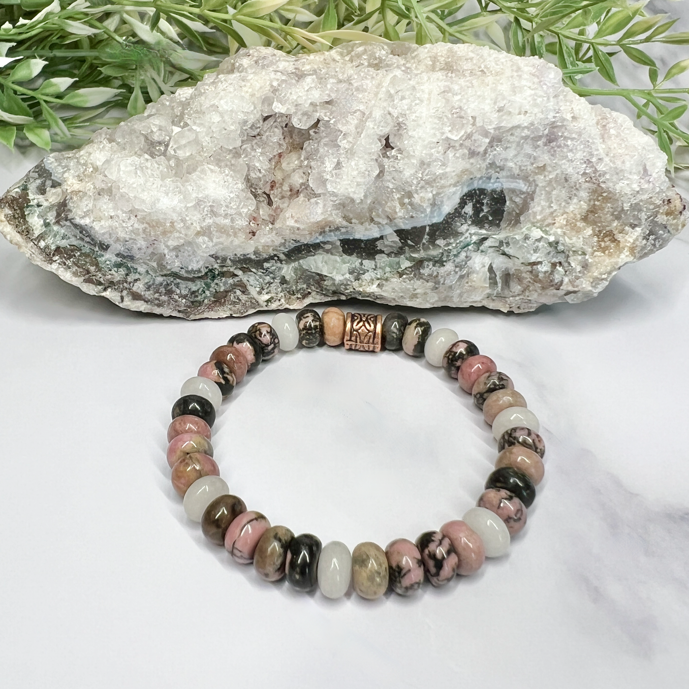 Rhodonite and moonstone stretch bracelet- Artisan Made